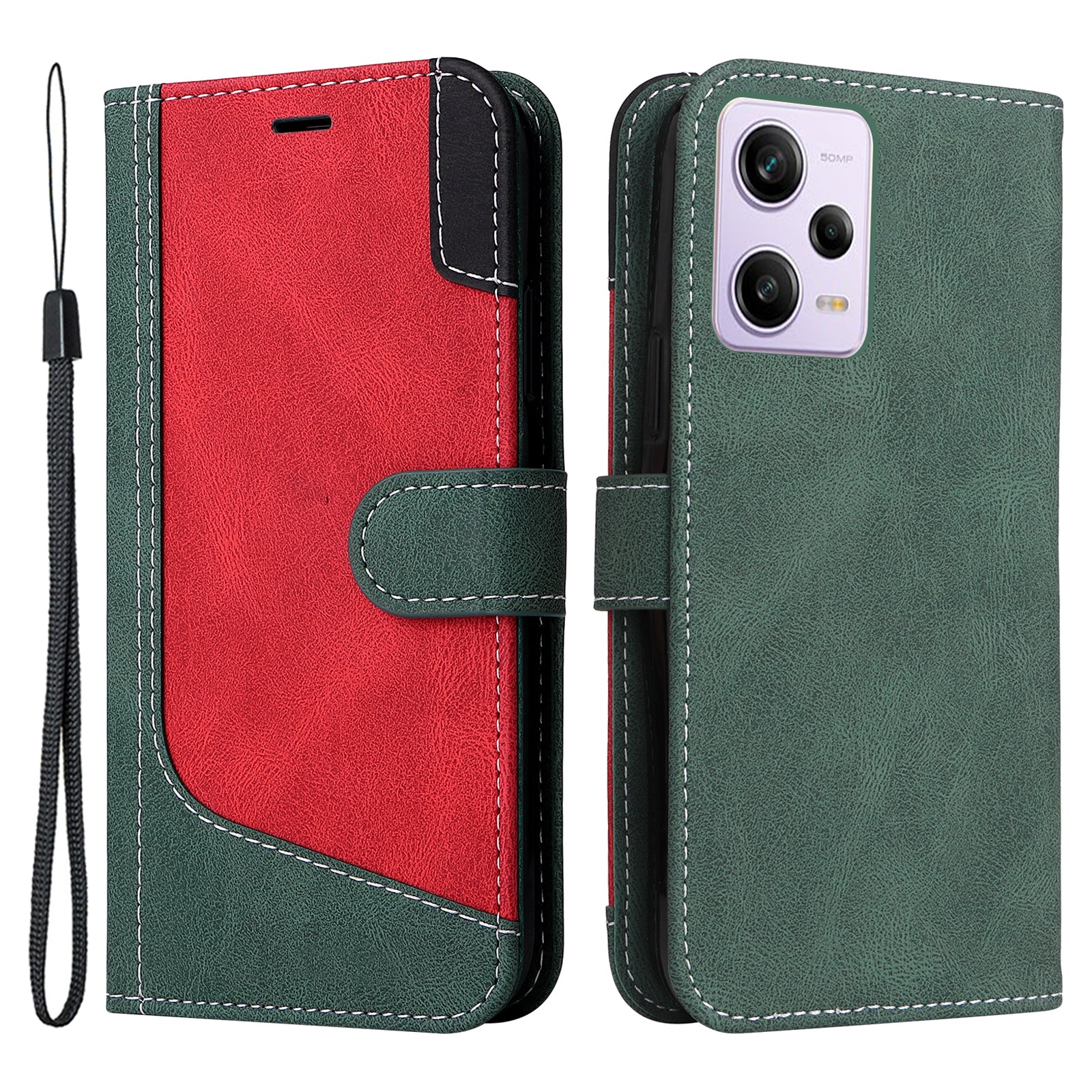 KT Leather Series-5 for Xiaomi Redmi Note 12 Pro 5G / Note 12 Pro Speed 5G / Poco X5 Pro 5G Leather Phone Wallet Case Tri-color Splicing Stand Cover with Strap
