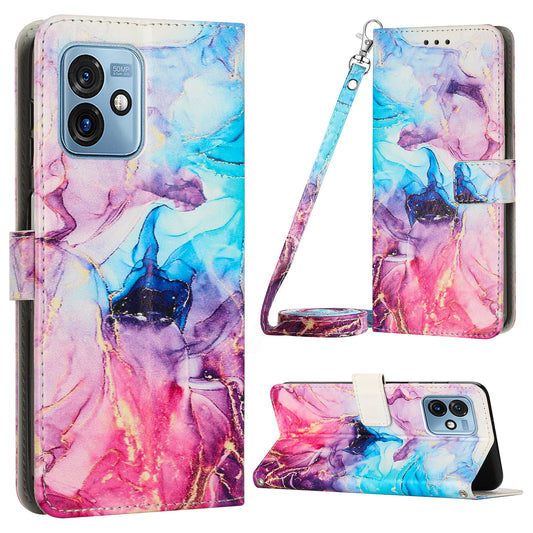 For Motorola Moto G 5G (2023) Marble Pattern Phone Case PU Leather Stand Wallet Cover with Shoulder Strap