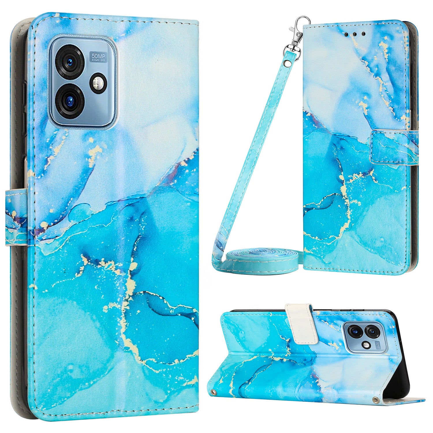 For Motorola Moto G 5G (2023) Marble Pattern Phone Case PU Leather Stand Wallet Cover with Shoulder Strap