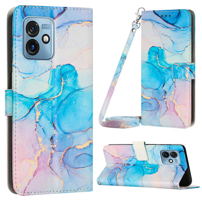 For Motorola Moto G 5G (2023) Marble Pattern Phone Case PU Leather Stand Wallet Cover with Shoulder Strap