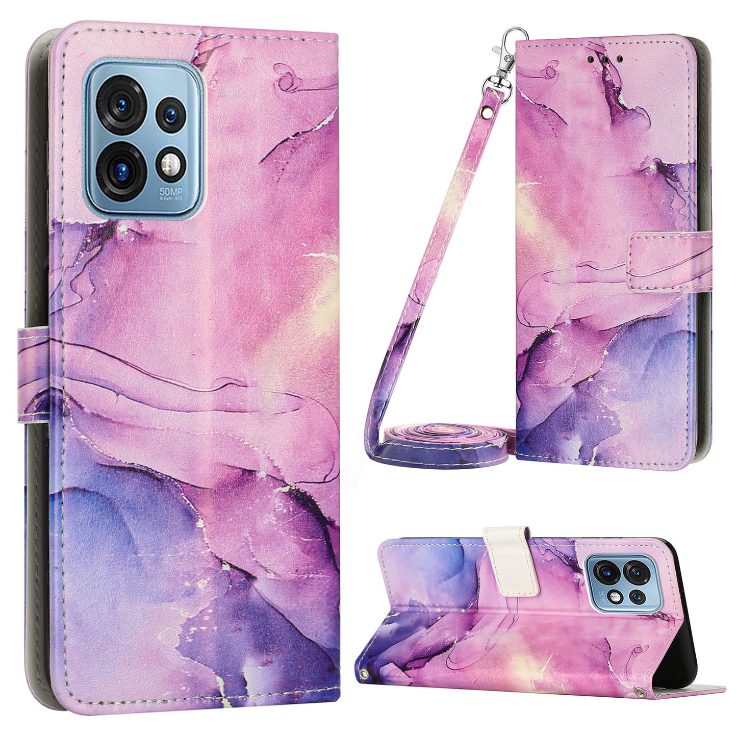 For Motorola Edge+ (2023) / Edge 40 Pro 5G / Moto X40 5G Wallet  Phone Case PU Leather Marble Pattern Stand Flip Cover with Shoulder Strap