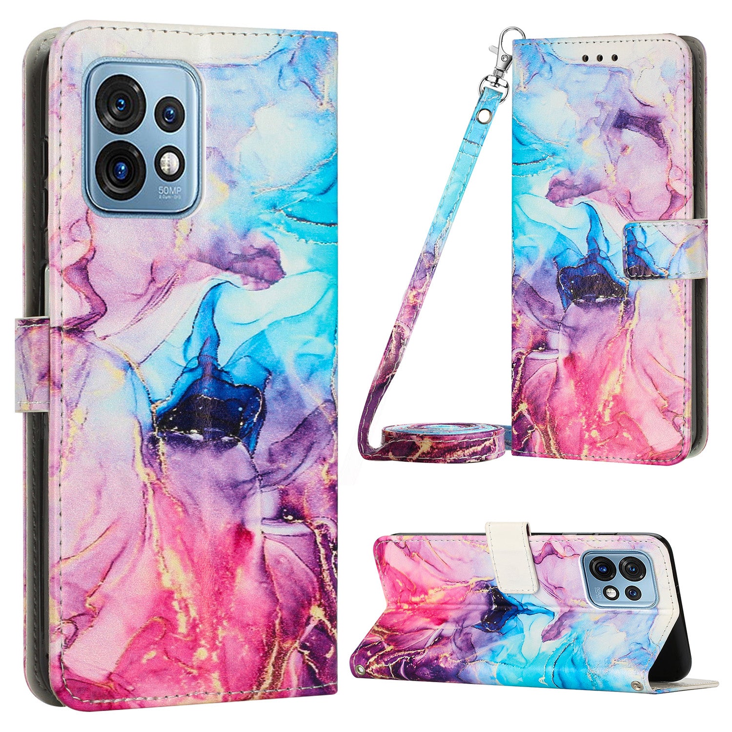 For Motorola Edge+ (2023) / Edge 40 Pro 5G / Moto X40 5G Wallet  Phone Case PU Leather Marble Pattern Stand Flip Cover with Shoulder Strap