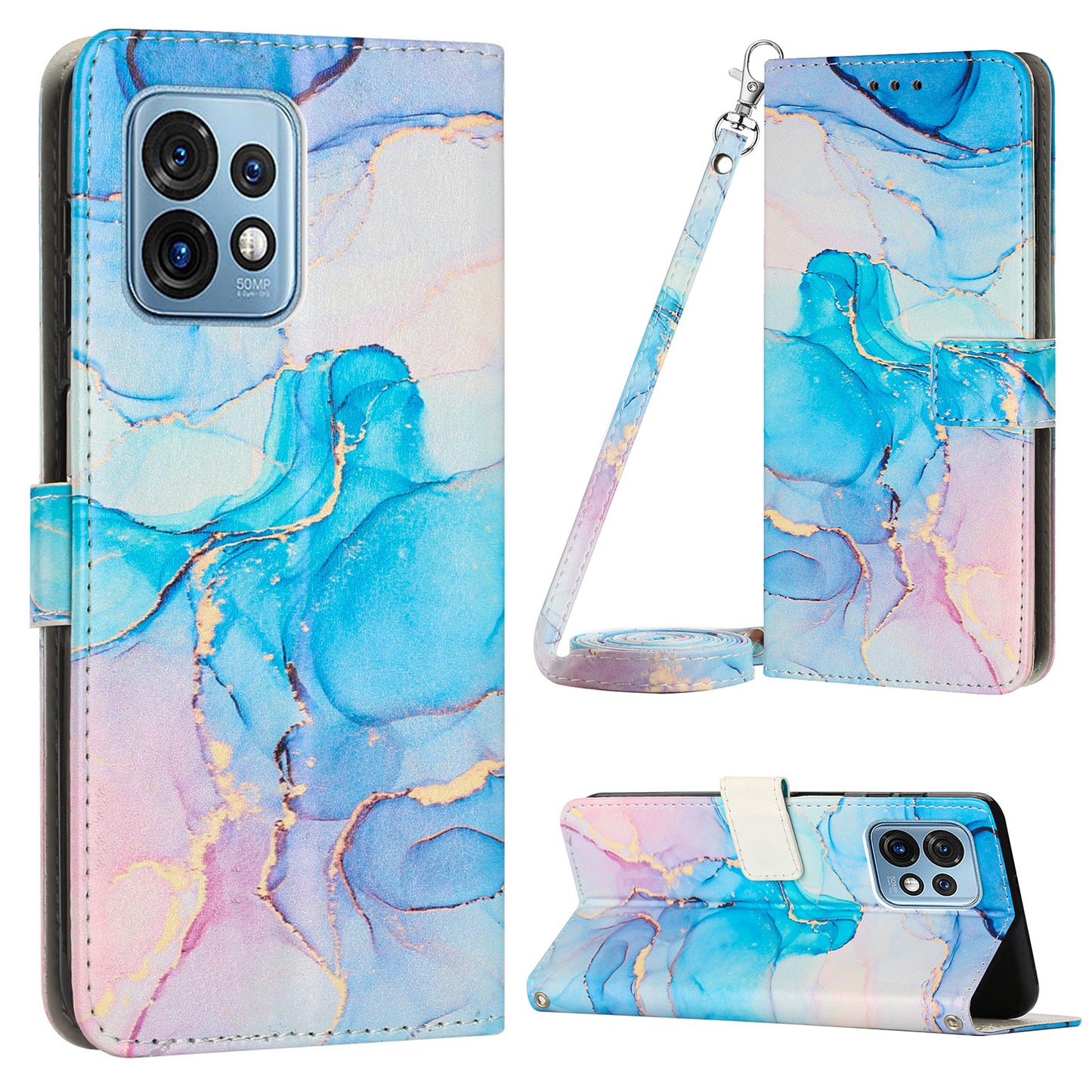 For Motorola Edge+ (2023) / Edge 40 Pro 5G / Moto X40 5G Wallet  Phone Case PU Leather Marble Pattern Stand Flip Cover with Shoulder Strap