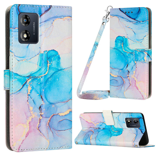 For Motorola Moto E13 4G Marble Pattern Phone Leather Case Wallet Stand Cover with Shoulder Strap