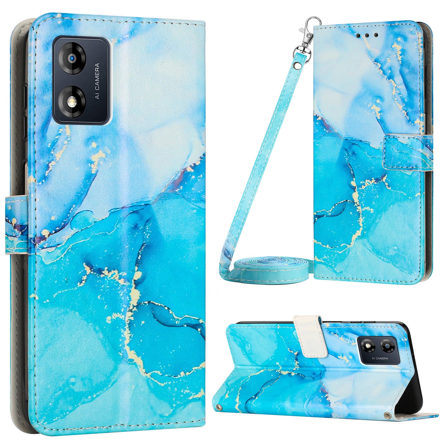 For Motorola Moto E13 4G Marble Pattern Phone Leather Case Wallet Stand Cover with Shoulder Strap