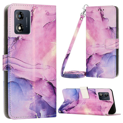 For Motorola Moto E13 4G Marble Pattern Phone Leather Case Wallet Stand Cover with Shoulder Strap