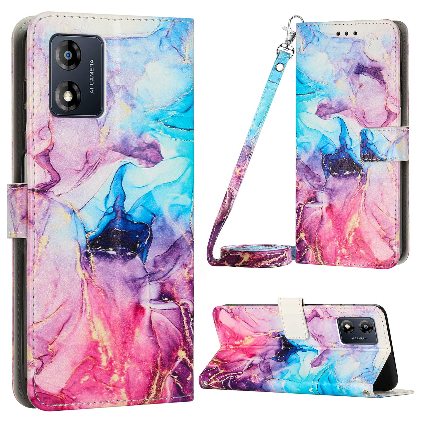 For Motorola Moto E13 4G Marble Pattern Phone Leather Case Wallet Stand Cover with Shoulder Strap