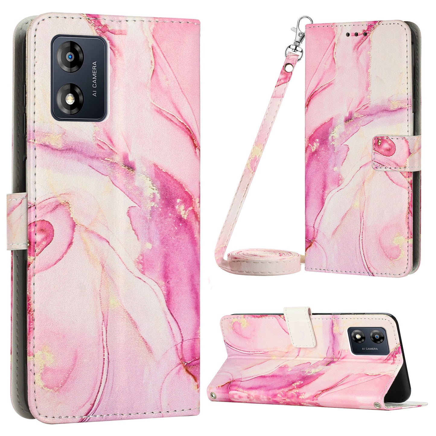 For Motorola Moto E13 4G Marble Pattern Phone Leather Case Wallet Stand Cover with Shoulder Strap