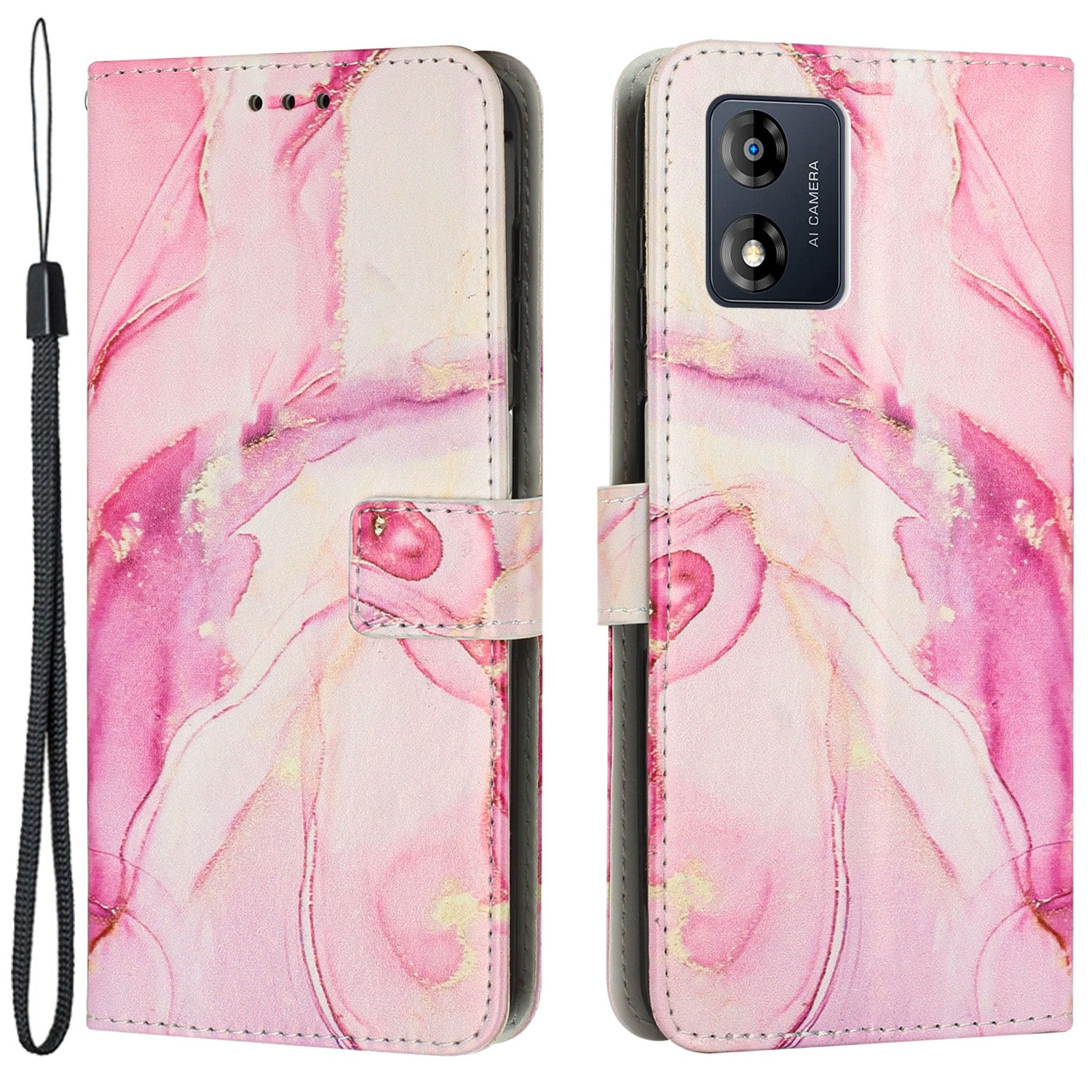 Protective Cover for Motorola Moto E13 4G Wallet Phone Case Marble Pattern Leather Cover with Strap