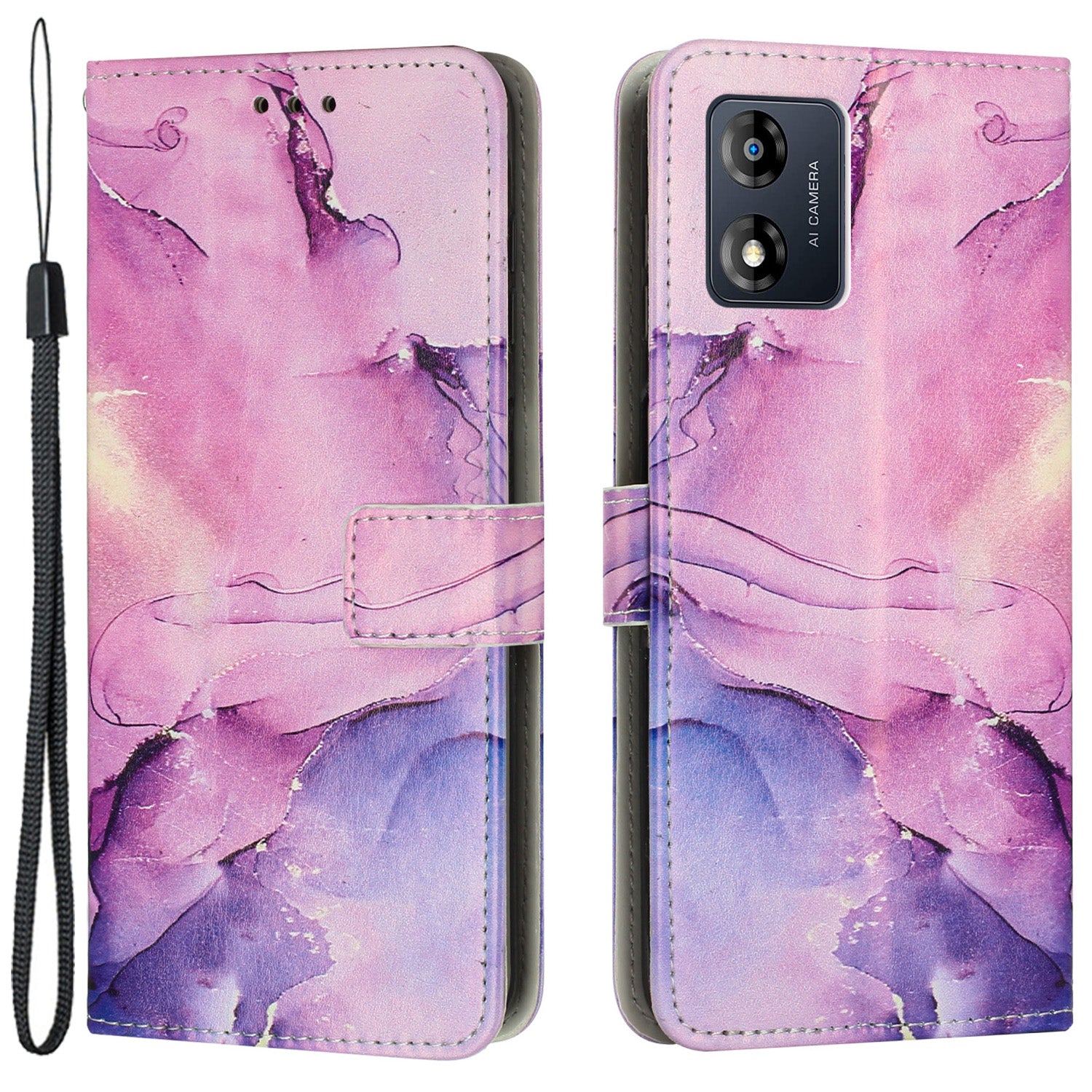 Protective Cover for Motorola Moto E13 4G Wallet Phone Case Marble Pattern Leather Cover with Strap