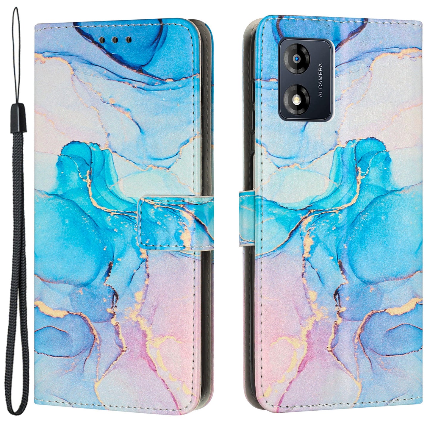 Protective Cover for Motorola Moto E13 4G Wallet Phone Case Marble Pattern Leather Cover with Strap