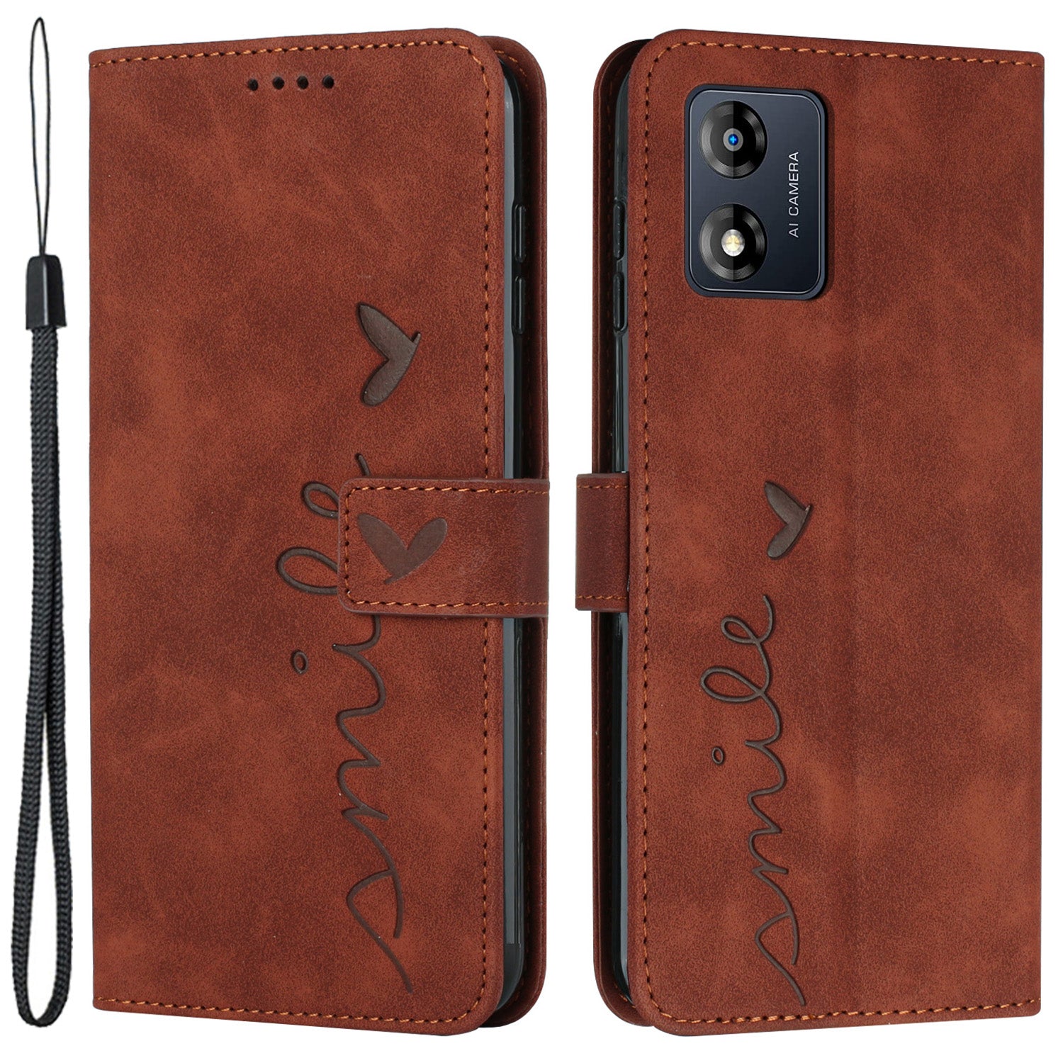 Flip Shell for Motorola Moto E13 4G with Strap Imprinted Heart Shape Wallet Leather Phone Stand Case