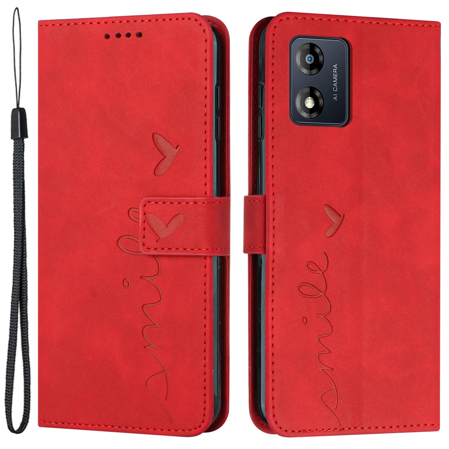 Flip Shell for Motorola Moto E13 4G with Strap Imprinted Heart Shape Wallet Leather Phone Stand Case