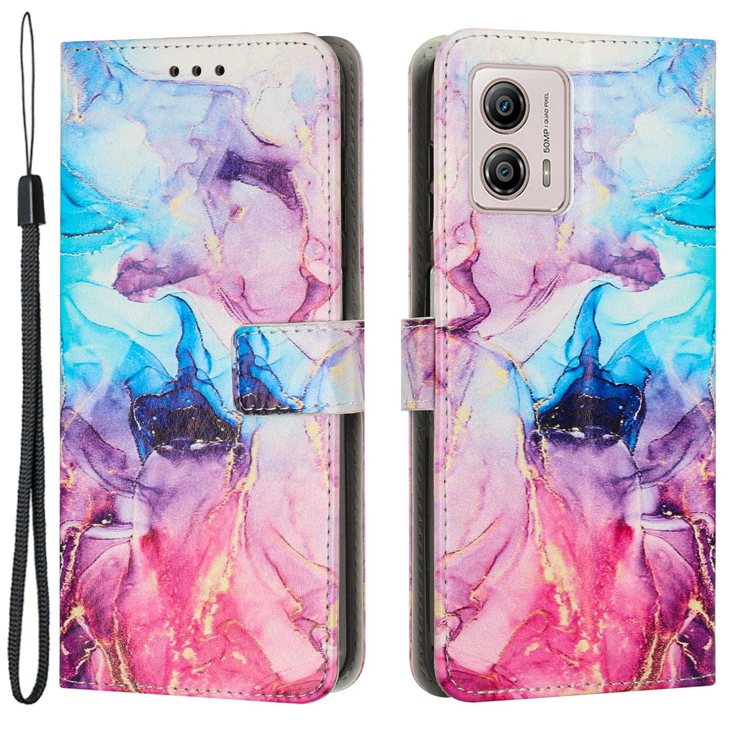 For Motorola Moto G73 5G Mobile Phone Case Leather Marble Pattern Wallet Stand Cover with Wrist Strap