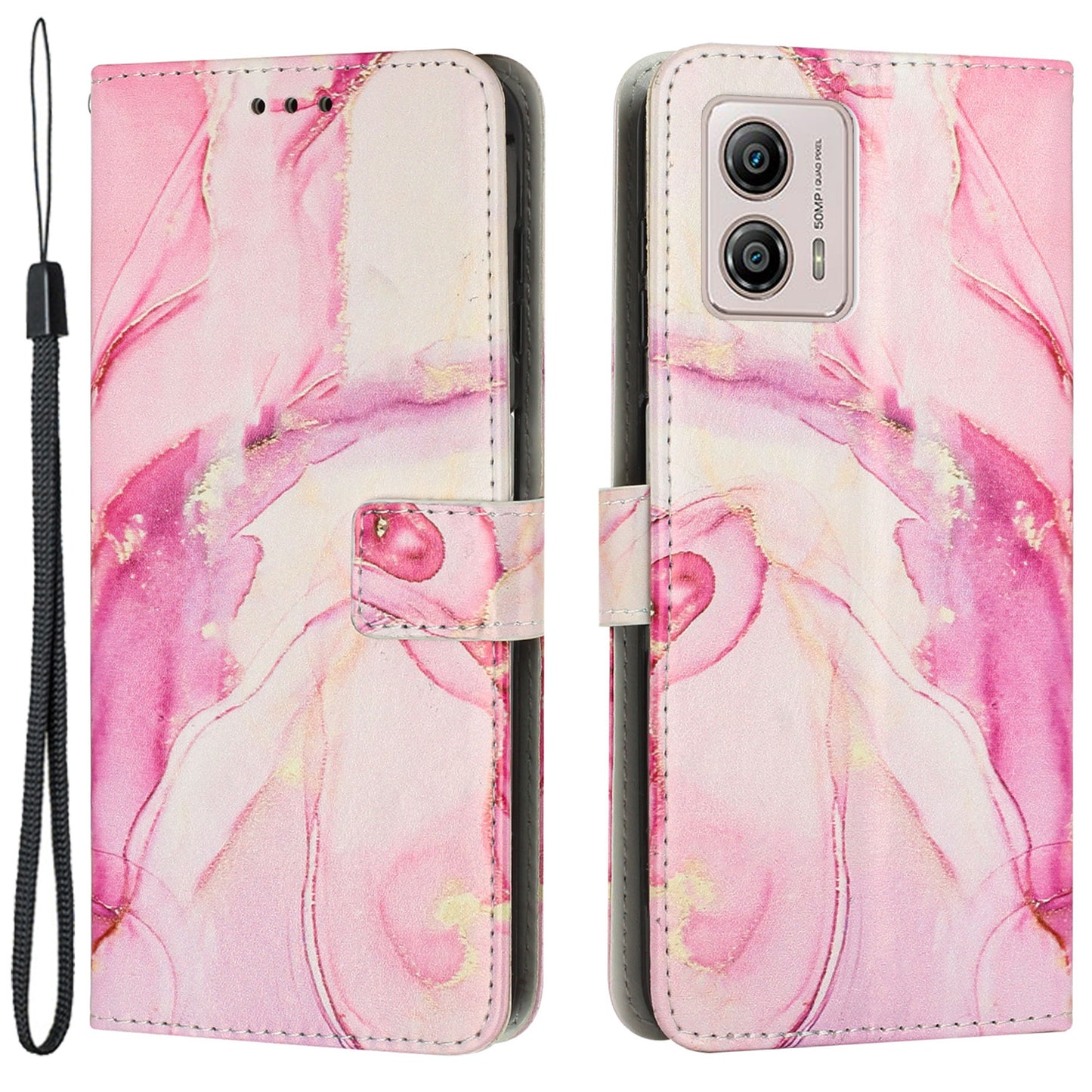 For Motorola Moto G73 5G Mobile Phone Case Leather Marble Pattern Wallet Stand Cover with Wrist Strap