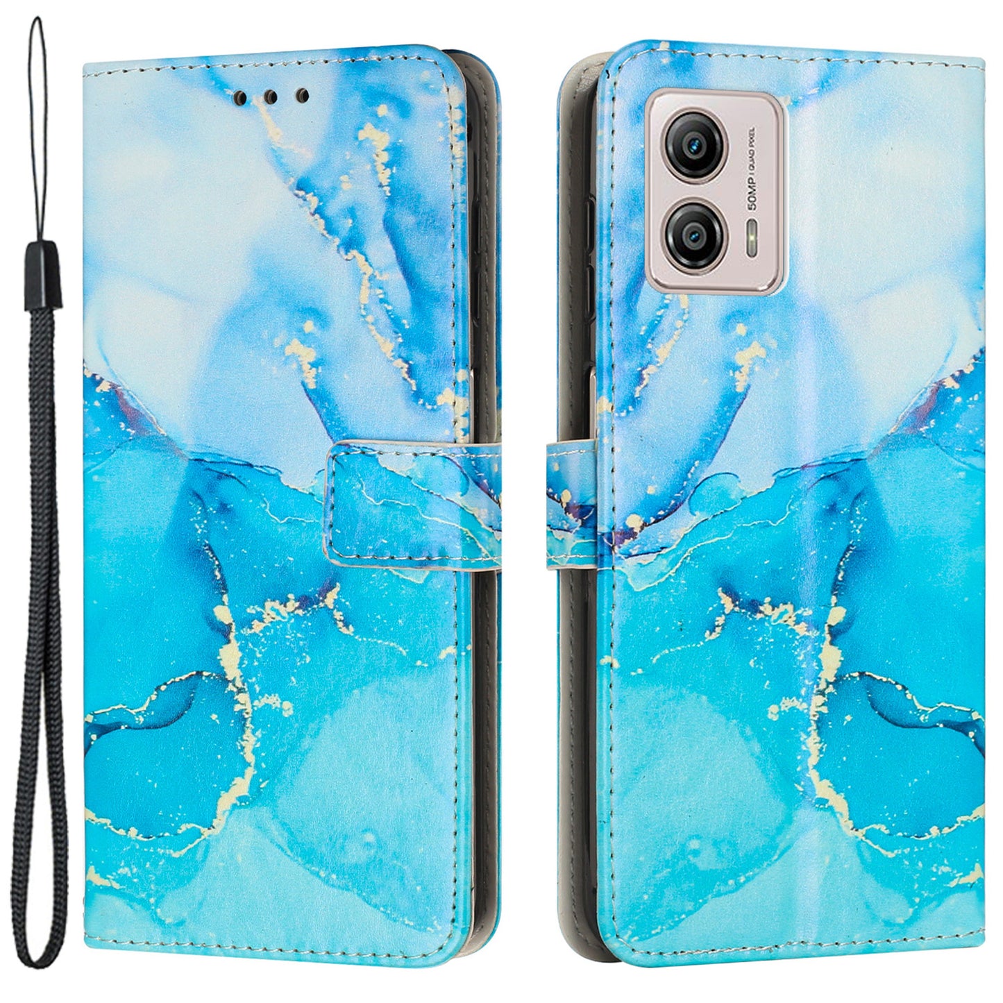 For Motorola Moto G73 5G Mobile Phone Case Leather Marble Pattern Wallet Stand Cover with Wrist Strap