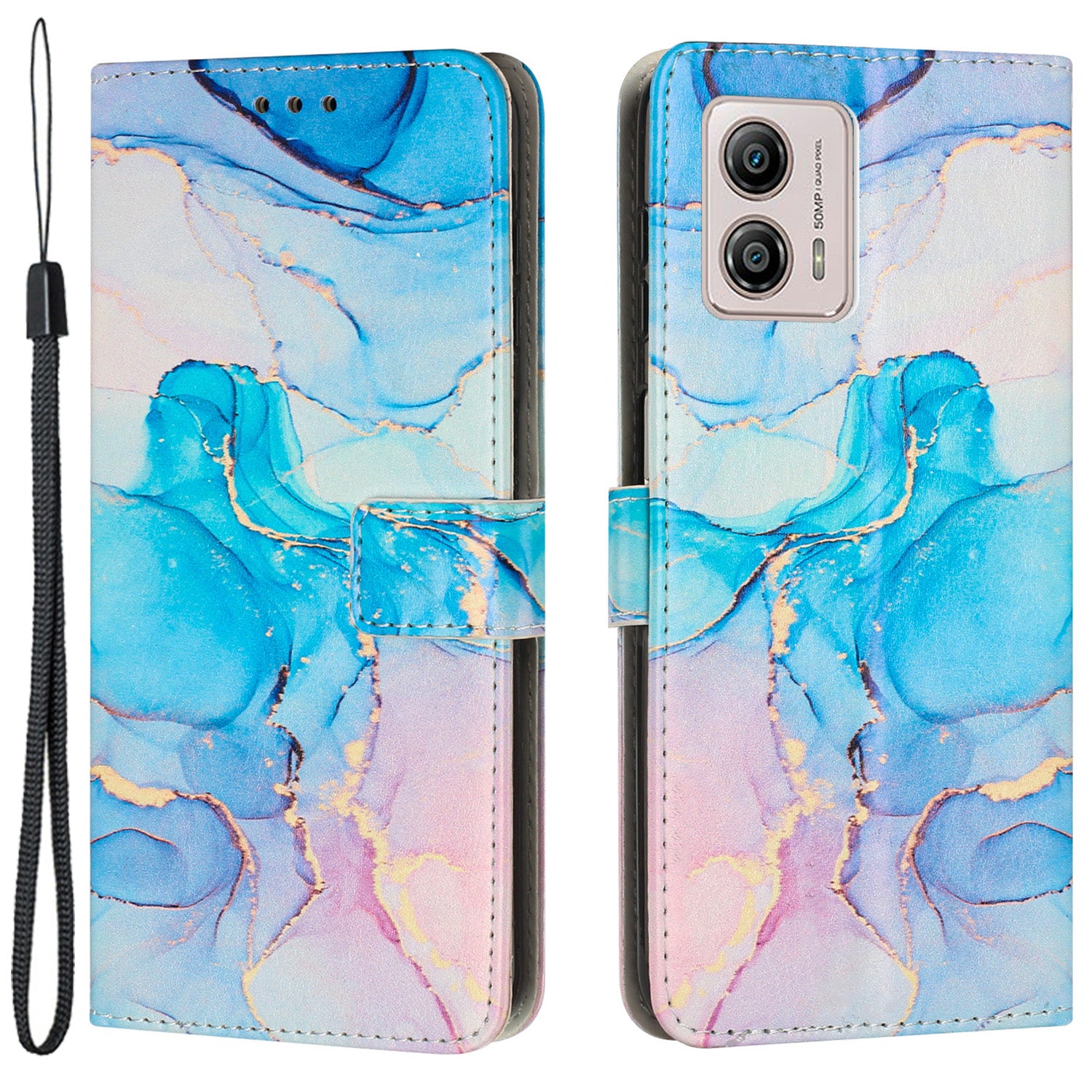 For Motorola Moto G73 5G Mobile Phone Case Leather Marble Pattern Wallet Stand Cover with Wrist Strap