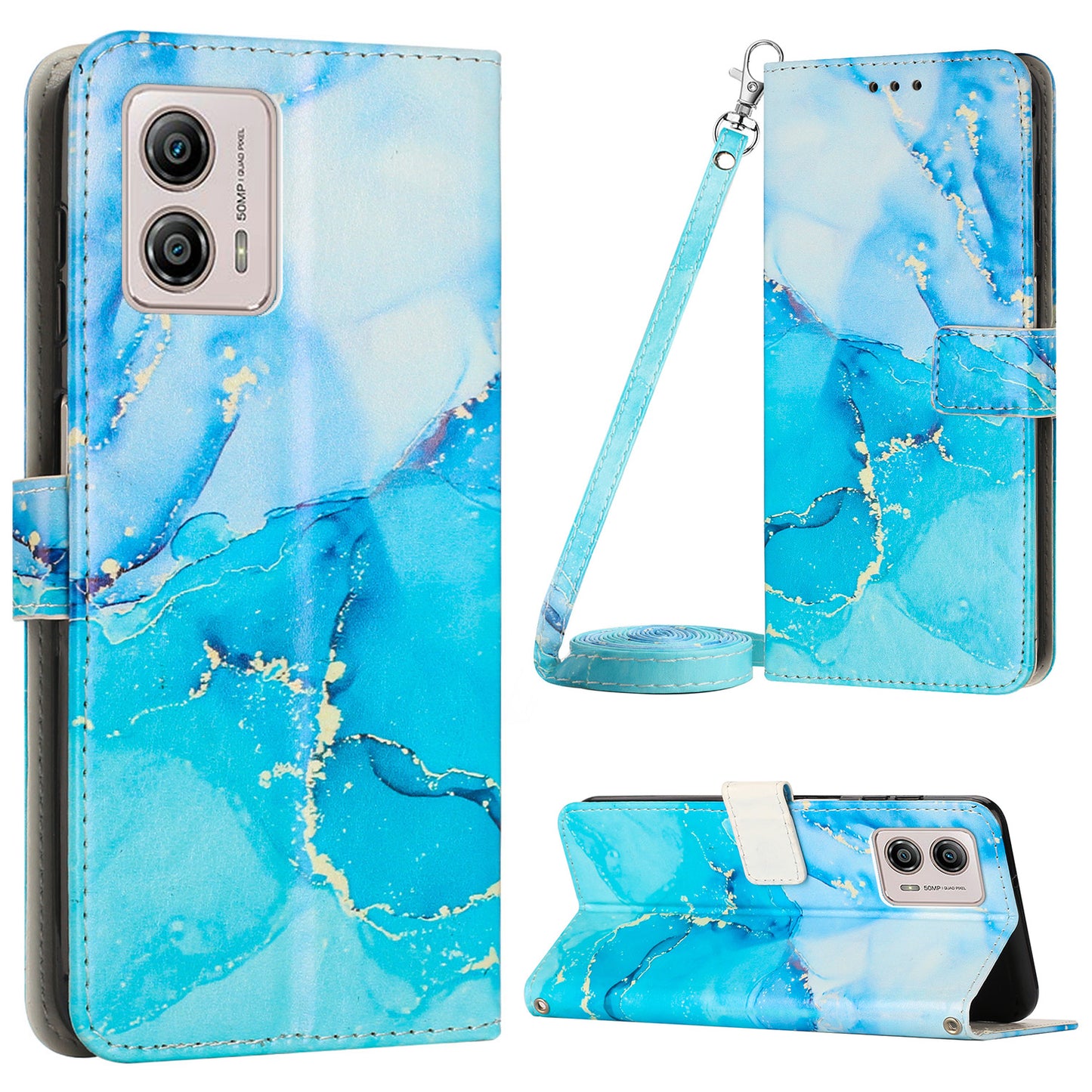 Marble Pattern Phone Case for Motorola Moto G53 5G / G13 4G / G23 4G , Wallet Stand Cover with Shoulder Strap