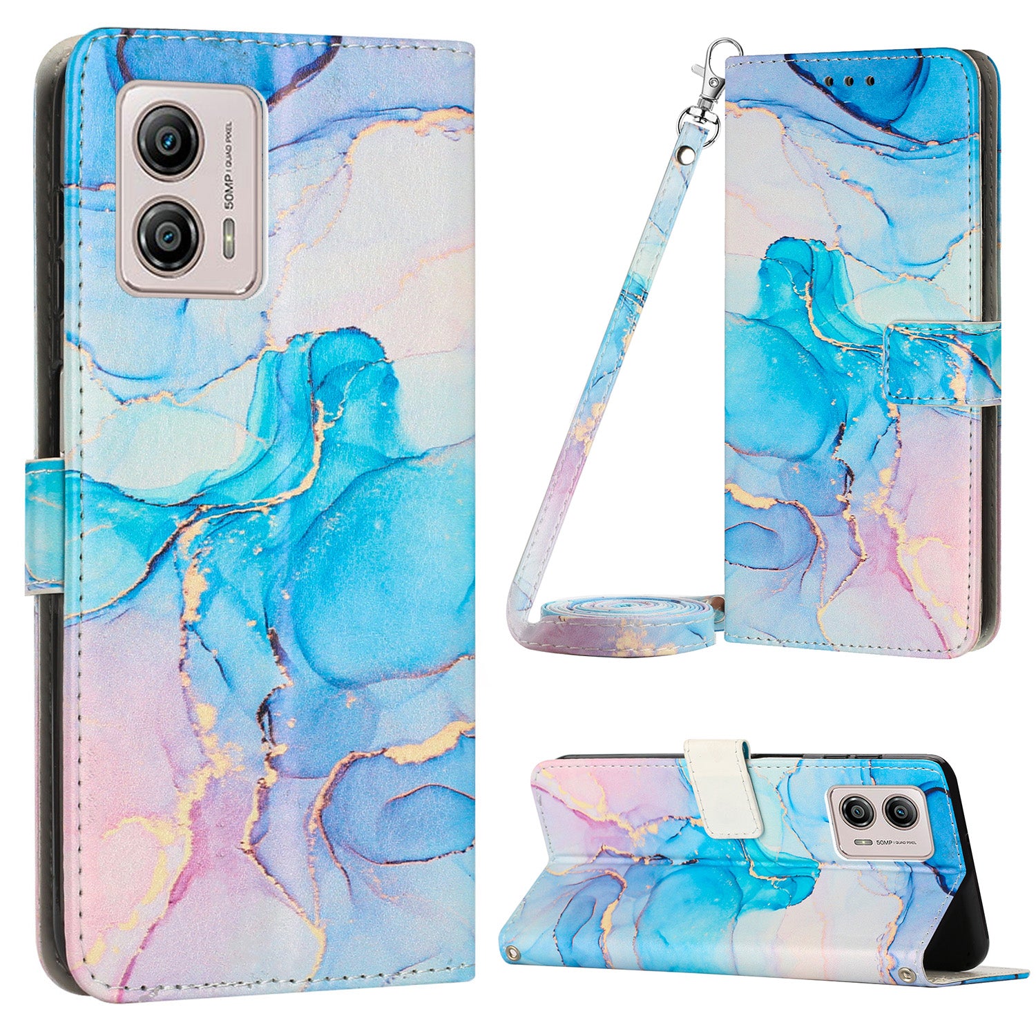 Marble Pattern Phone Case for Motorola Moto G53 5G / G13 4G / G23 4G , Wallet Stand Cover with Shoulder Strap