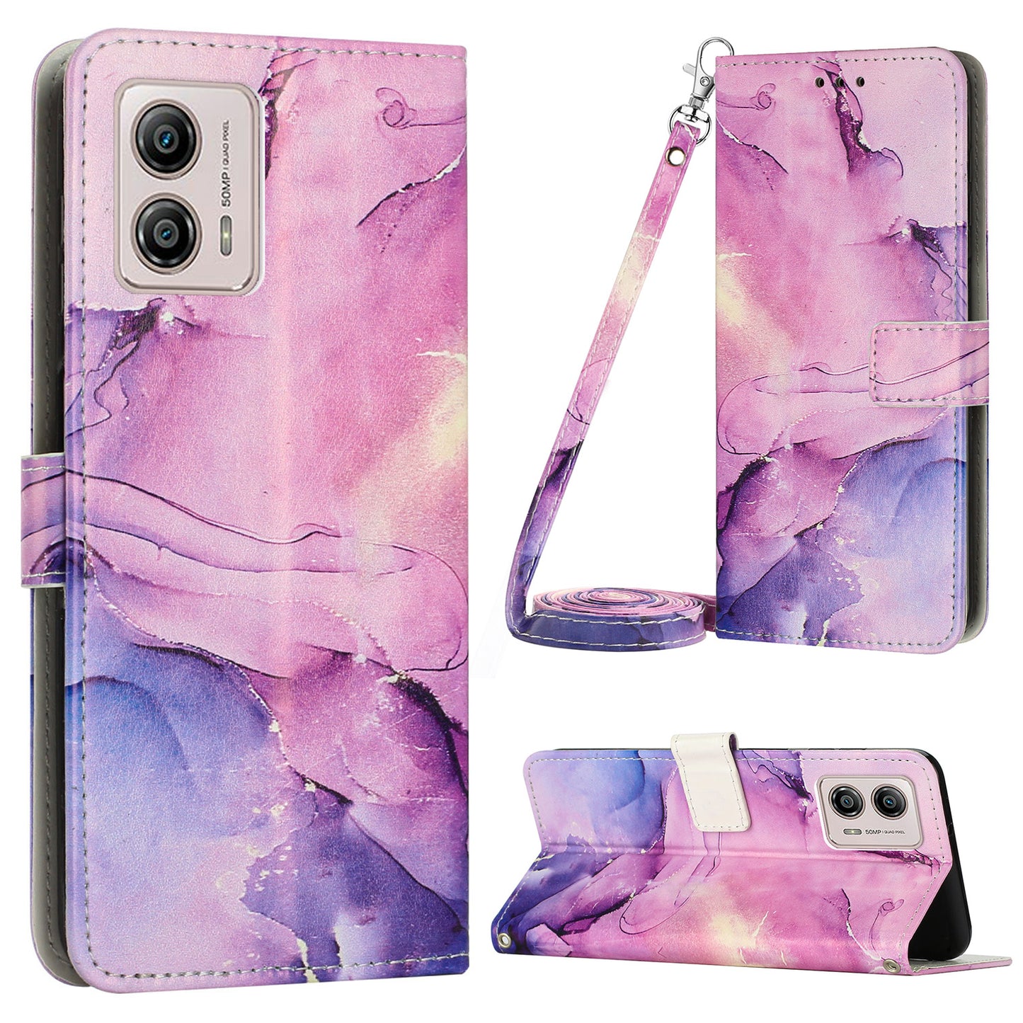 Marble Pattern Phone Case for Motorola Moto G53 5G / G13 4G / G23 4G , Wallet Stand Cover with Shoulder Strap