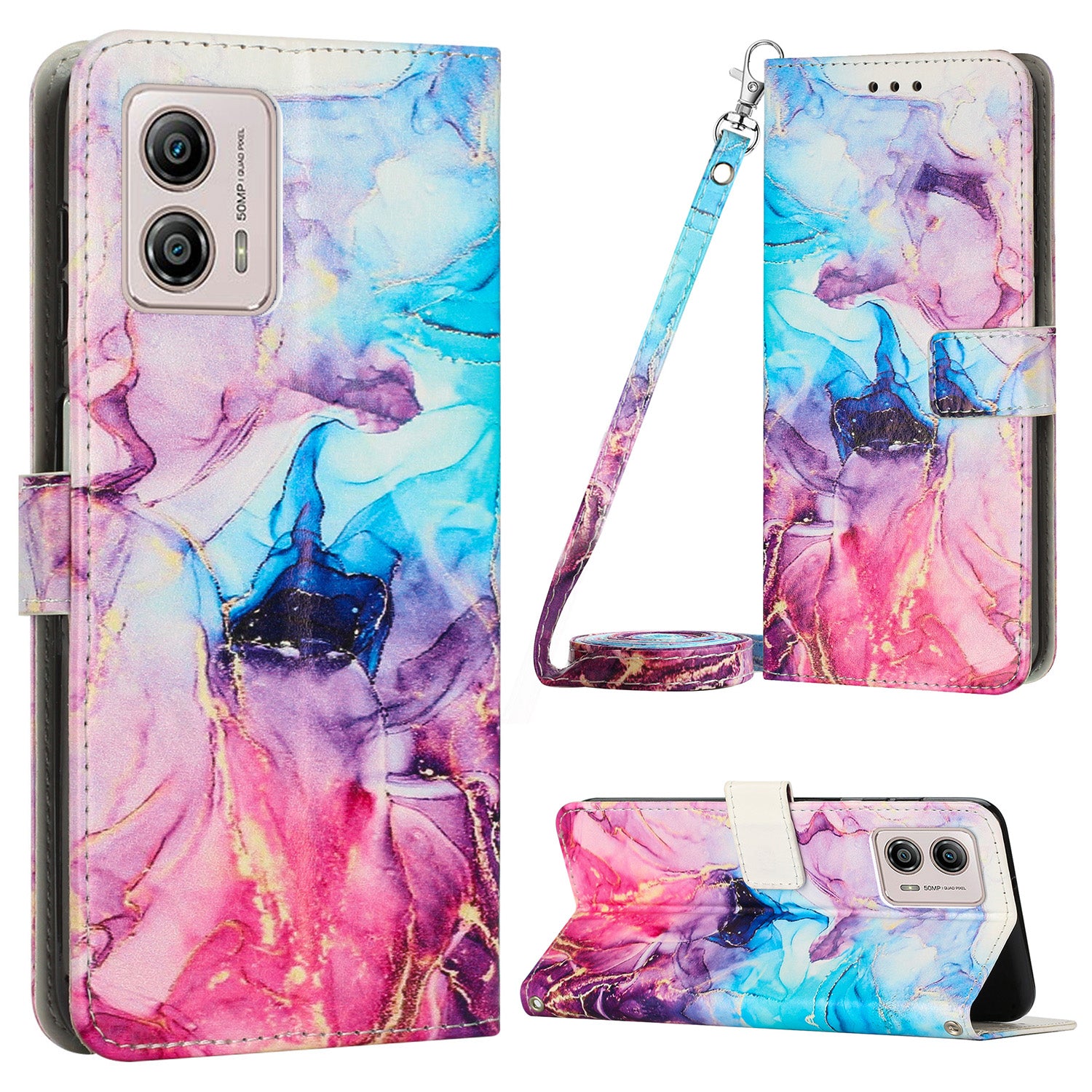 Marble Pattern Phone Case for Motorola Moto G53 5G / G13 4G / G23 4G , Wallet Stand Cover with Shoulder Strap