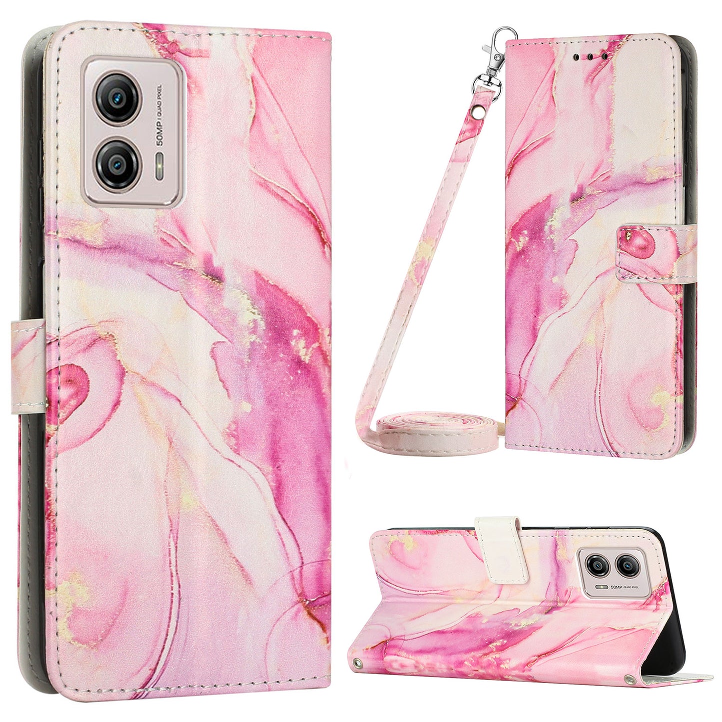 Marble Pattern Phone Case for Motorola Moto G53 5G / G13 4G / G23 4G , Wallet Stand Cover with Shoulder Strap