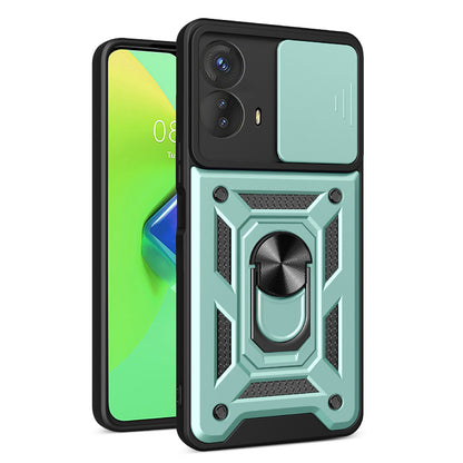 For Motorola Moto G73 5G Slide Push Pull Camera Lens Protection Cover Kickstand PC+TPU Phone Case Protector