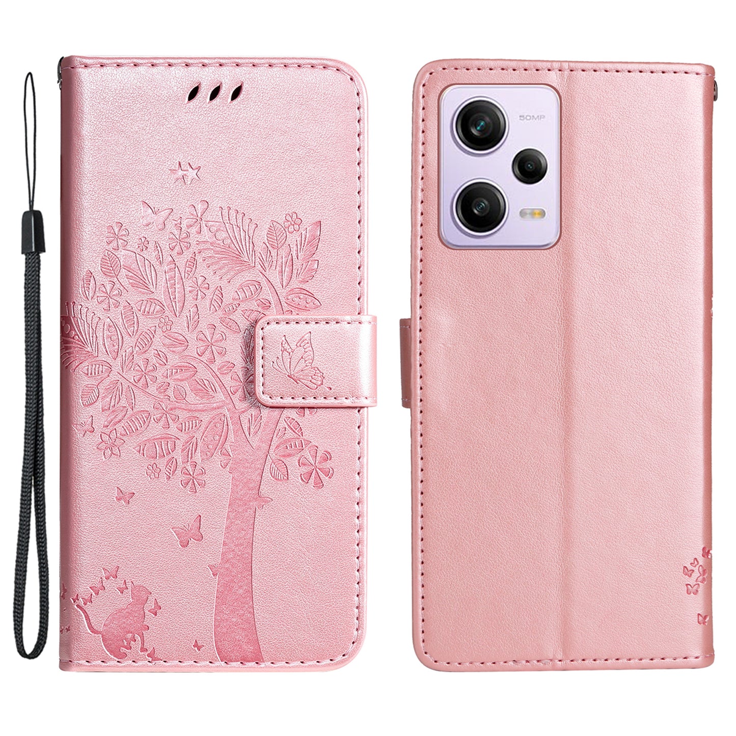 KT Imprinting Flower Series-3 Phone Case for Xiaomi Redmi Note 12 Pro 5G / Note 12 Pro Speed 5G / Poco X5 Pro 5G Leather Wallet Stand Cover Imprinted Cat Tree with Strap