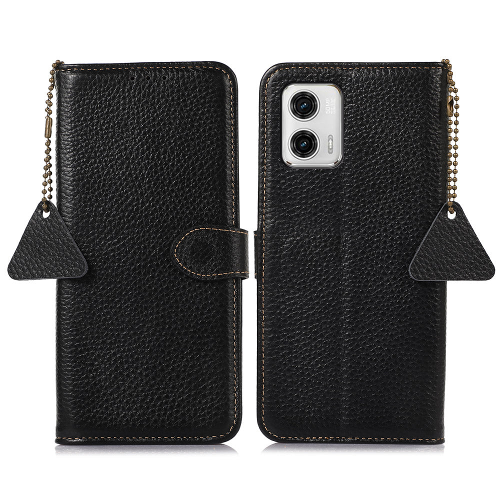 Wallet Case for Motorola Moto G73 Genuine Cow Leather Phone Cover Litchi Texture RFID Blocking Stand Wallet Phone Case