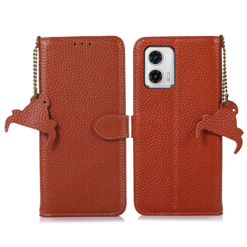 Wallet Case for Motorola Moto G73 Genuine Cow Leather Phone Cover Litchi Texture RFID Blocking Stand Wallet Phone Case