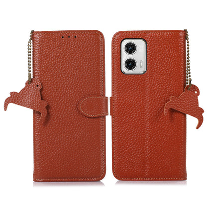 Wallet Case for Motorola Moto G73 Genuine Cow Leather Phone Cover Litchi Texture RFID Blocking Stand Wallet Phone Case