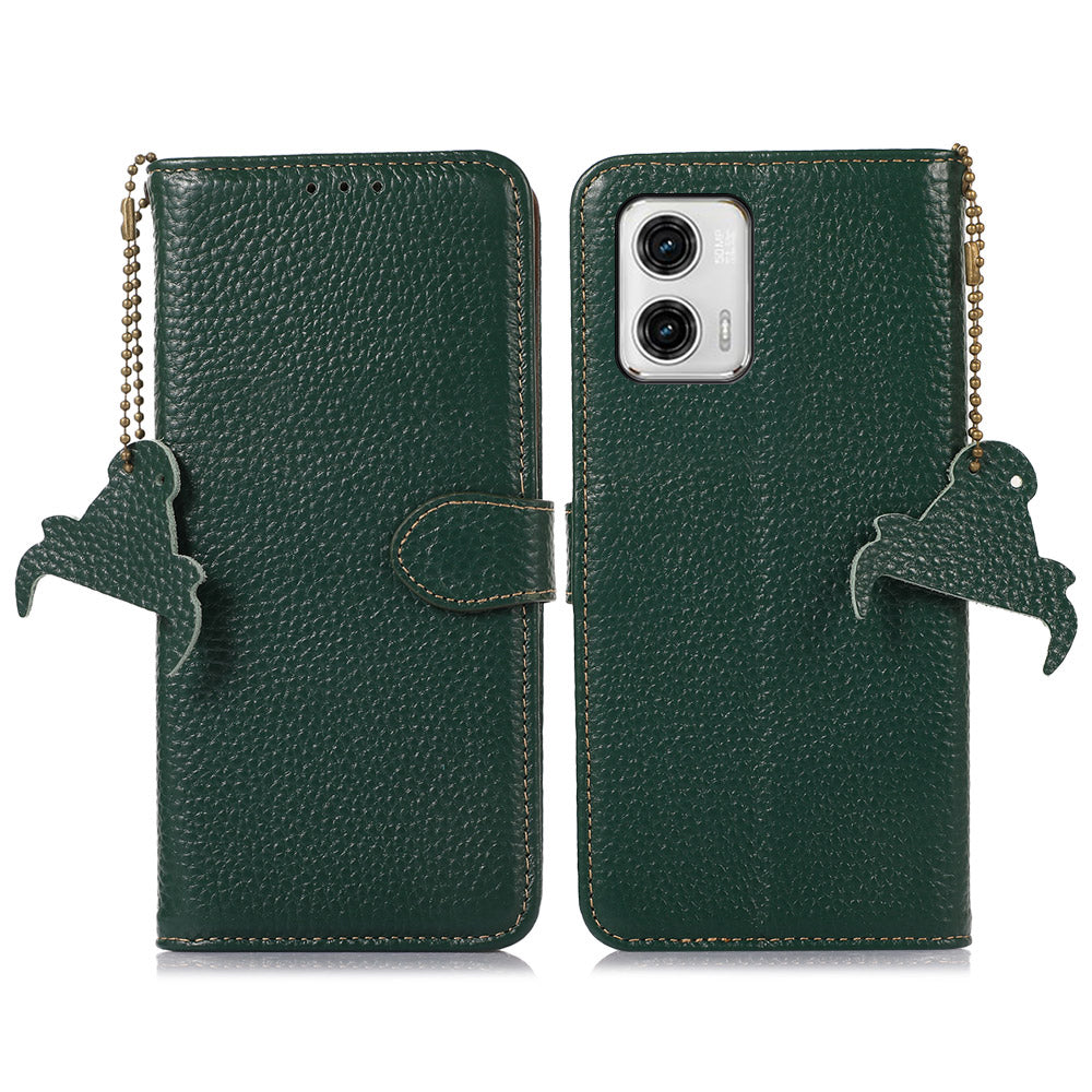 Wallet Case for Motorola Moto G73 Genuine Cow Leather Phone Cover Litchi Texture RFID Blocking Stand Wallet Phone Case