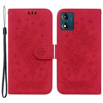 For Motorola Moto E13 4G PU Leather Stand Case Rose Butterfly Imprinted Magnetic Flip Phone Shell Cover