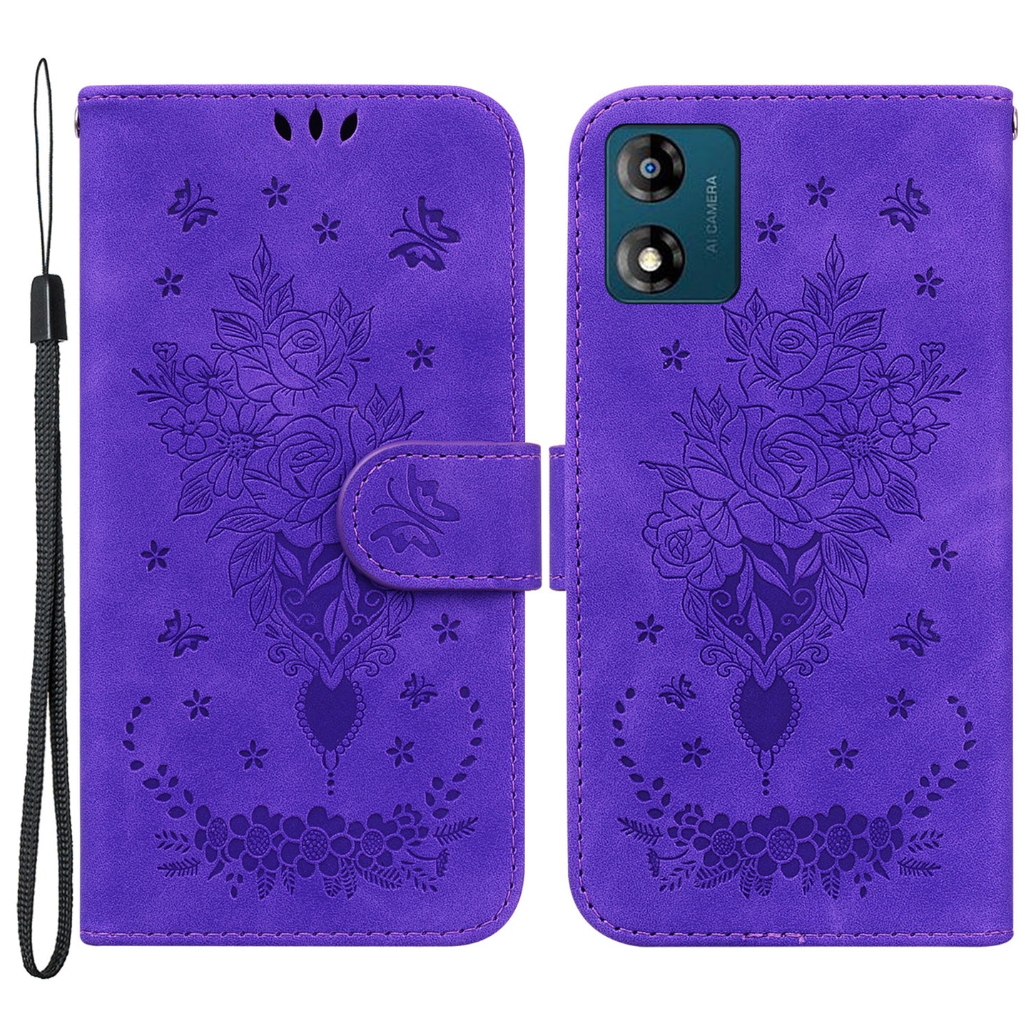 For Motorola Moto E13 4G PU Leather Stand Case Rose Butterfly Imprinted Magnetic Flip Phone Shell Cover