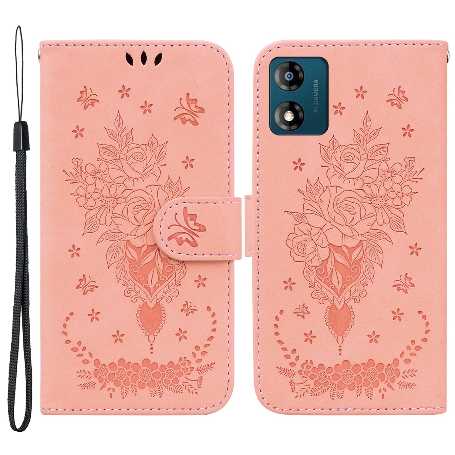 For Motorola Moto E13 4G PU Leather Stand Case Rose Butterfly Imprinted Magnetic Flip Phone Shell Cover