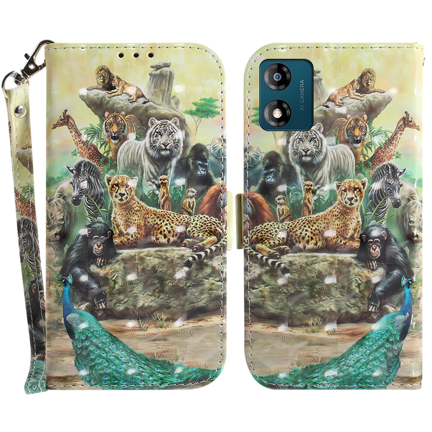 For Motorola Moto E13 4G PU Leather Phone Case Pattern Printing Wallet Stand Protective Cover with Strap