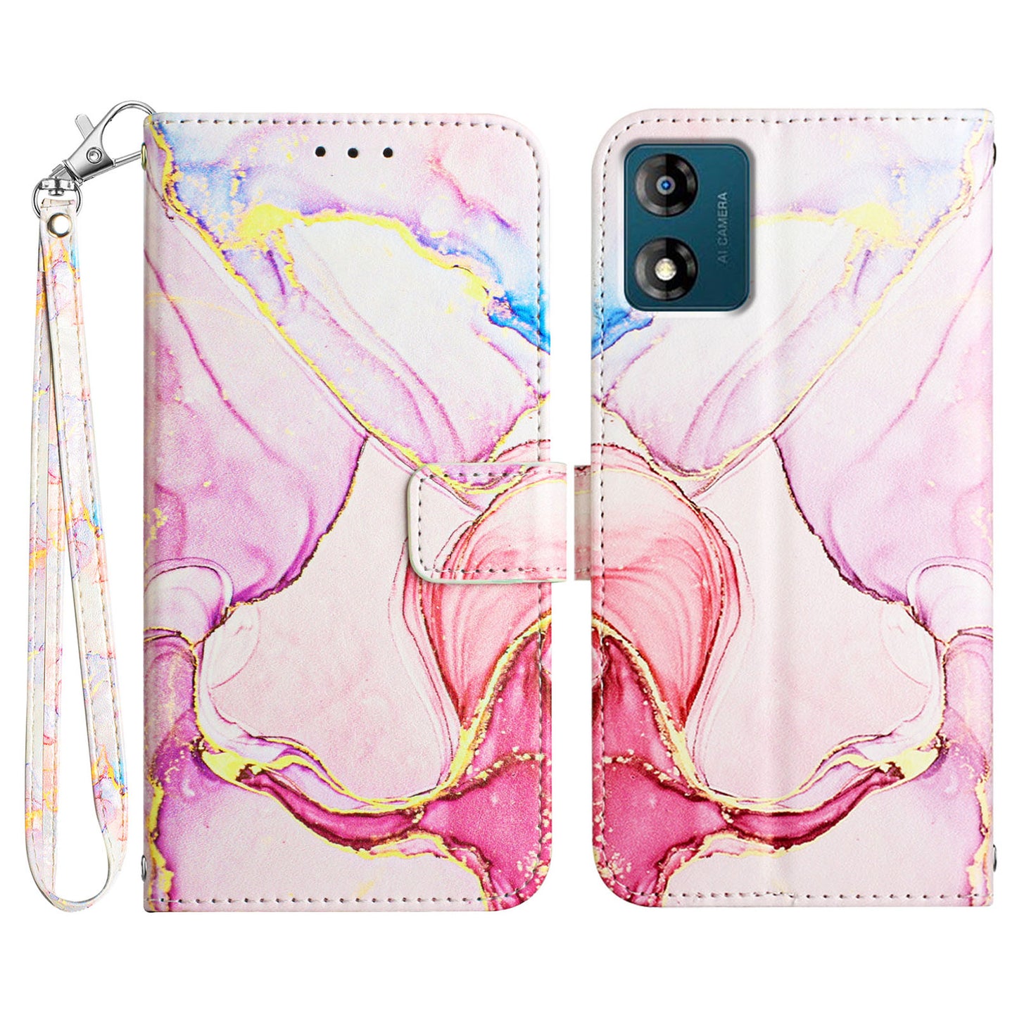 YB Pattern Printing Leather Series-5 Phone Case for Motorola Moto E13 4G Wallet Marble Pattern Cover