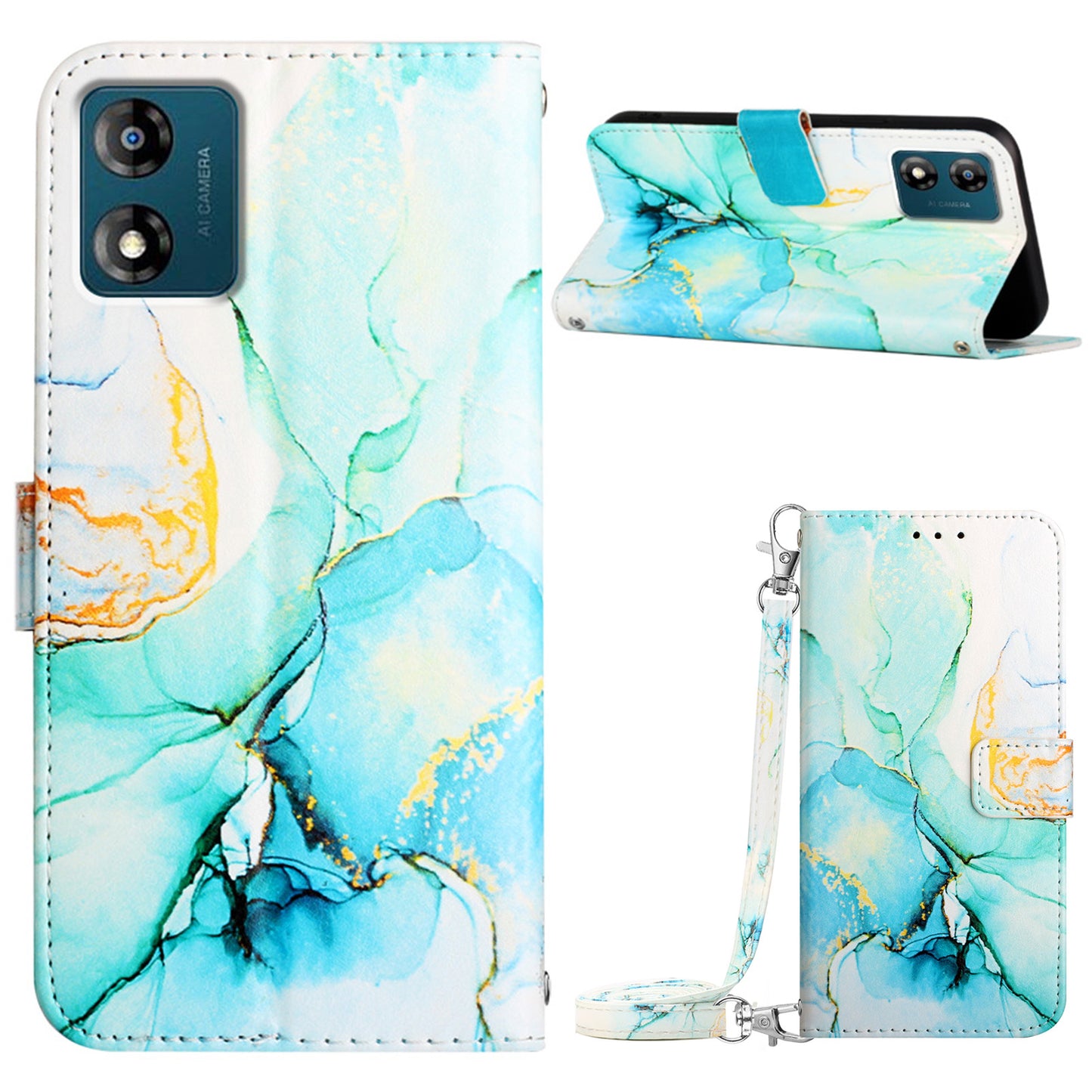 YB Pattern Printing Leather Series-6 For Motorola Moto E13 4G Marble Pattern Wallet Phone Case PU Leather Cover