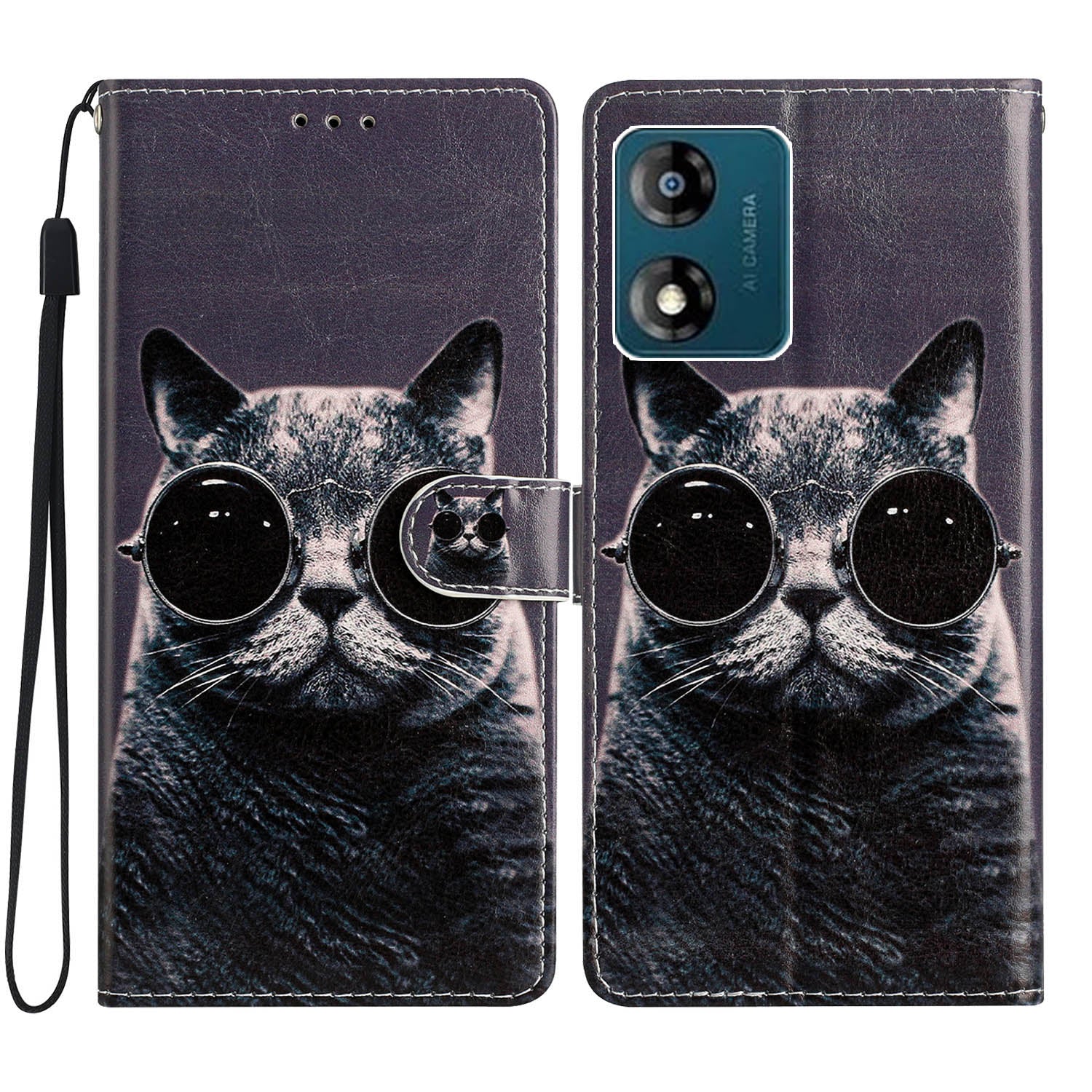 For Motorola Moto E13 4G PU Leather Pattern Printing Phone Case Stand Wallet Flip Phone Cover with Strap