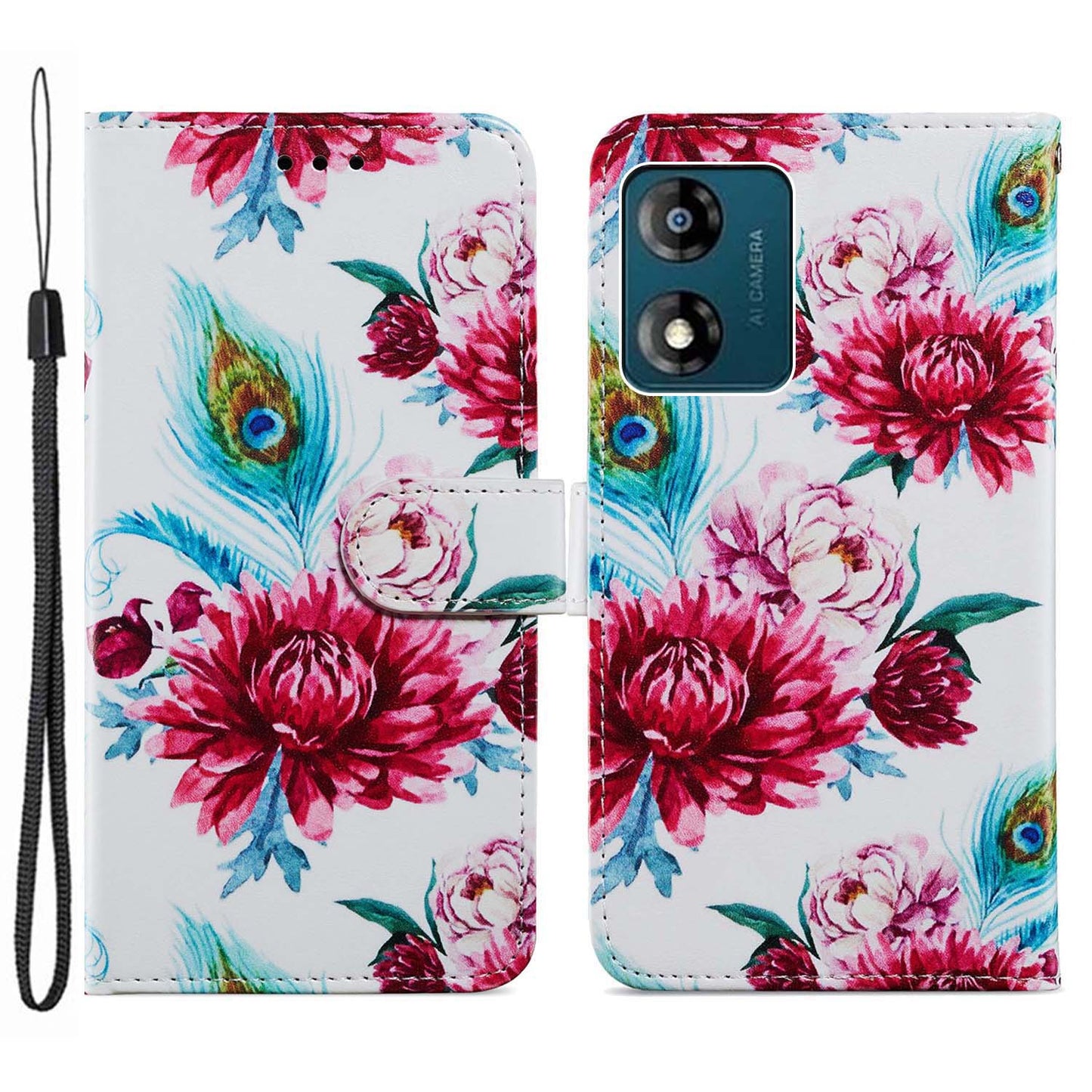 For Motorola Moto E13 4G PU Leather Pattern Printing Phone Case Stand Wallet Flip Phone Cover with Strap