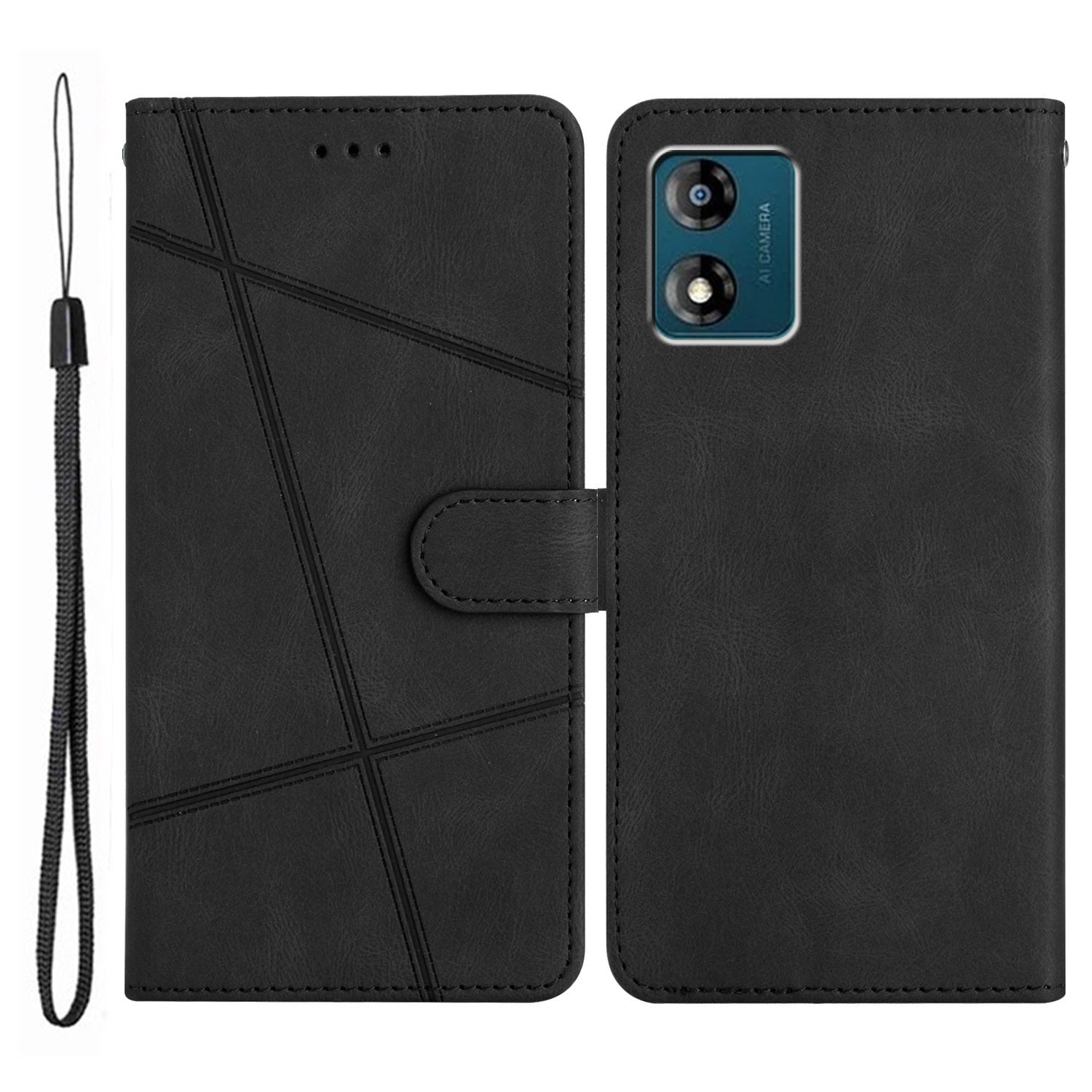 For Motorola Moto E13 4G Imprinted Lines Crazy Horse Texture Phone Case PU Leather Wallet Stand Smartphone Cover with Strap