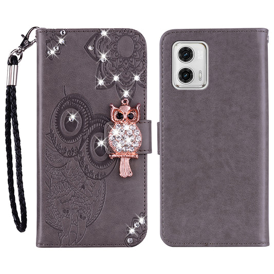 For Motorola Moto G73 5G Rhinestone PU Leather Phone Case Imprinted Owl Flower Stand Wallet Flip Cover