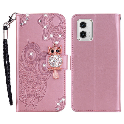 For Motorola Moto G73 5G Rhinestone PU Leather Phone Case Imprinted Owl Flower Stand Wallet Flip Cover