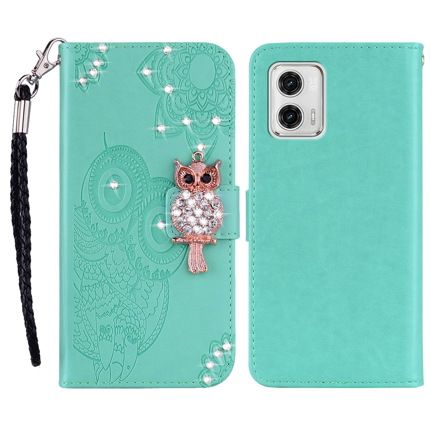 For Motorola Moto G73 5G Rhinestone PU Leather Phone Case Imprinted Owl Flower Stand Wallet Flip Cover