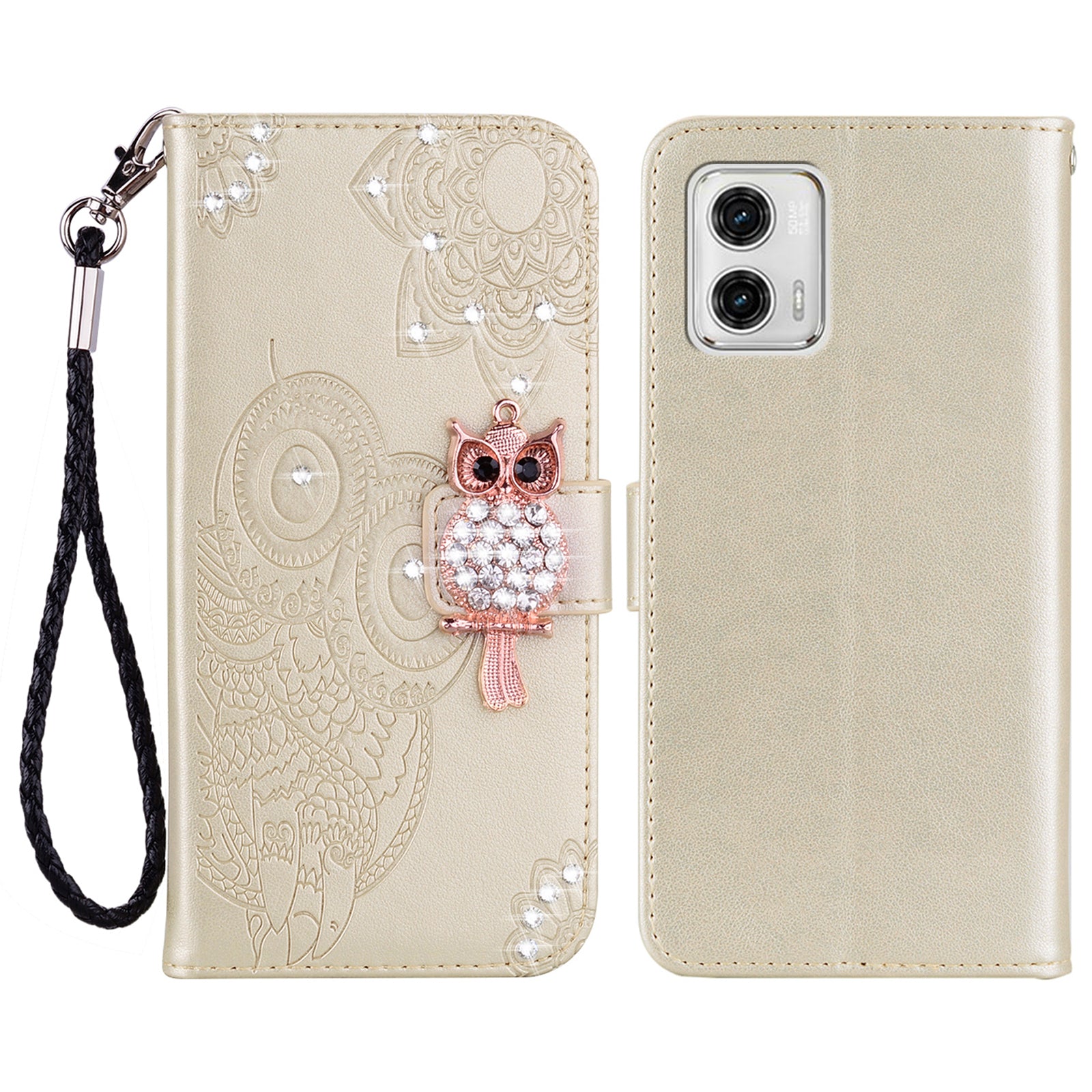 For Motorola Moto G73 5G Rhinestone PU Leather Phone Case Imprinted Owl Flower Stand Wallet Flip Cover