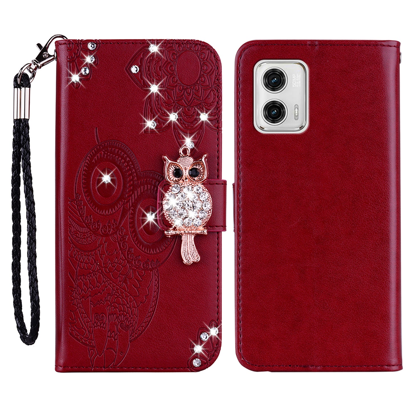 For Motorola Moto G73 5G Rhinestone PU Leather Phone Case Imprinted Owl Flower Stand Wallet Flip Cover