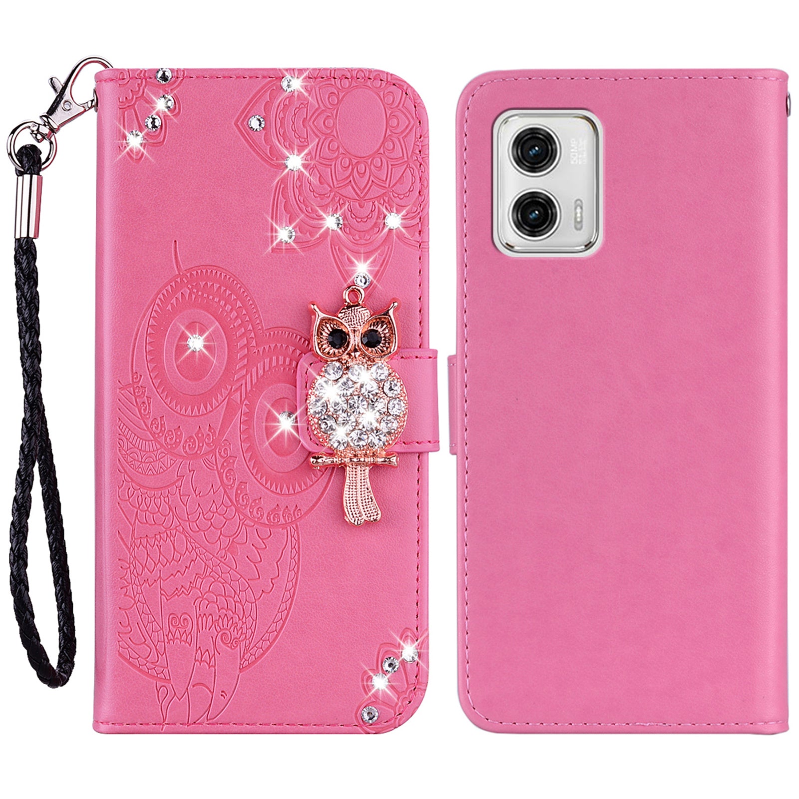 For Motorola Moto G73 5G Rhinestone PU Leather Phone Case Imprinted Owl Flower Stand Wallet Flip Cover