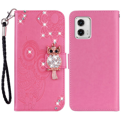 For Motorola Moto G73 5G Rhinestone PU Leather Phone Case Imprinted Owl Flower Stand Wallet Flip Cover