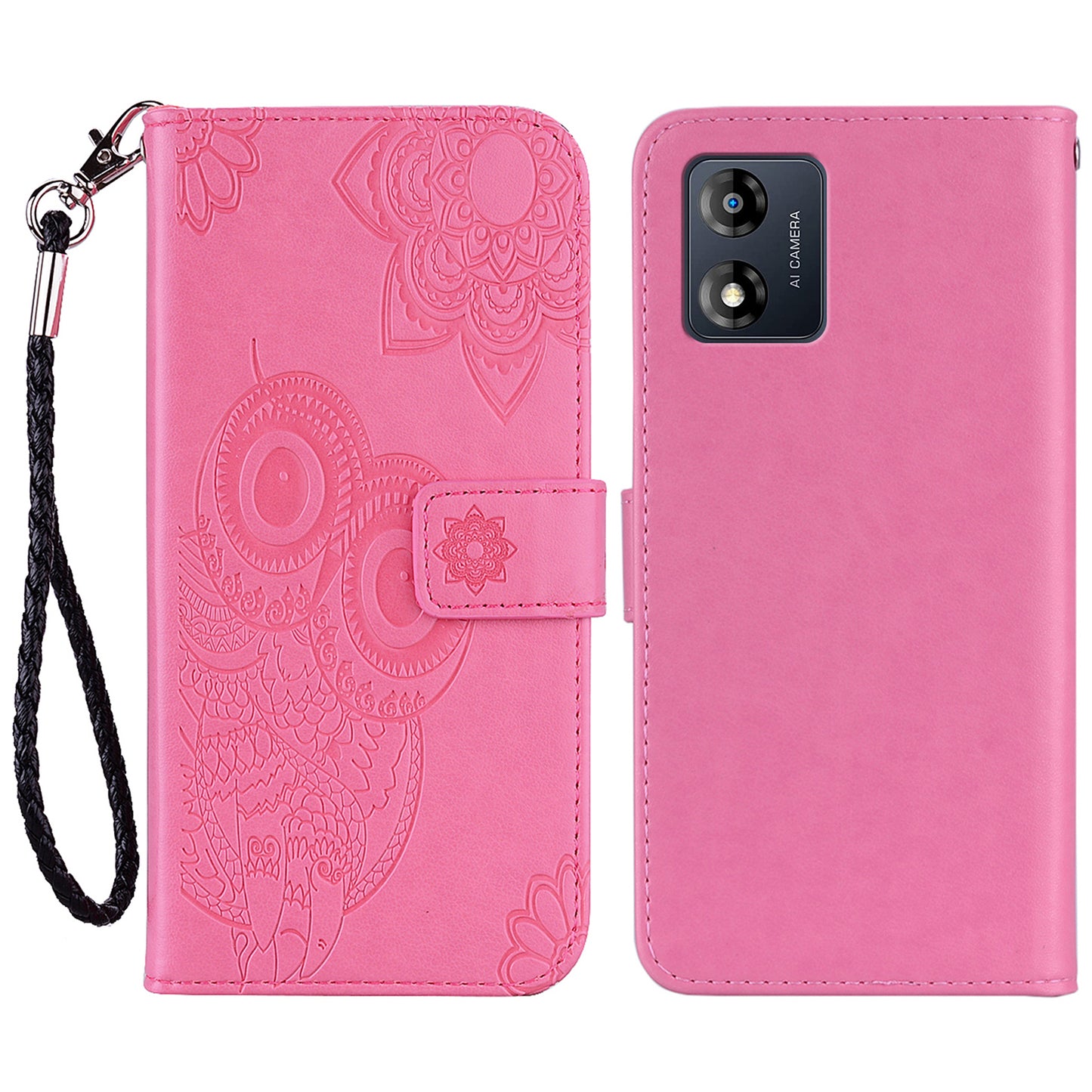 For Motorola Moto E13 4G PU Leather Stand Cover Imprinted Owl Flower Flip Wallet Phone Case