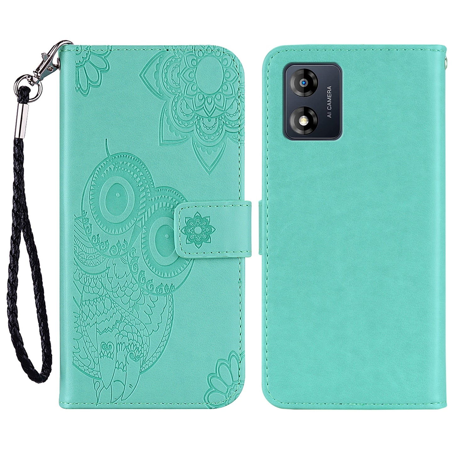 For Motorola Moto E13 4G PU Leather Stand Cover Imprinted Owl Flower Flip Wallet Phone Case